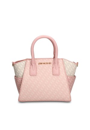 Piccola borsa rosa e beige con motivo, due manici arrotondati e targhetta dorata con il nome del marchio al centro davanti.