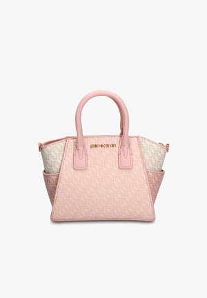 Petit sac à main rose et beige à motifs avec deux poignées arrondies et plaque dorée portant le nom de la marque au centre avant.