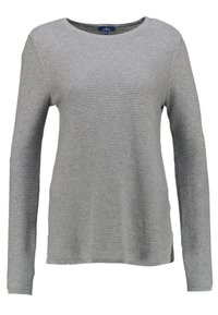 Grauer Pullover mit langen Ärmeln, gerippter Struktur, rundem Halsausschnitt und Seitenschlitzen. Hergestellt aus weichem Stoff für mehr Komfort.