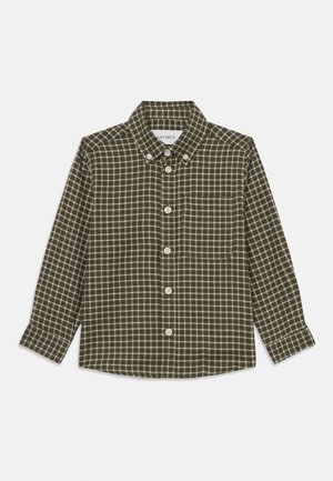 Srajca z gumbi v temno zeleni karirasti vzorec, z ovratnikom, dolgimi rokavi, sprednjo žepom in belimi gumbi. Mehka tekstura tkanine.