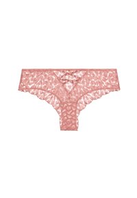 Culotte hipster pour femmes en dentelle rose avec un motif floral et des bords festonnés, présentée à plat sur un fond blanc.