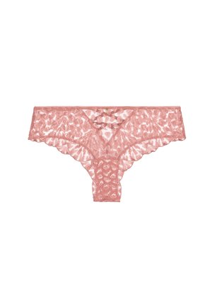 Culotte hipster pour femmes en dentelle rose avec un motif floral et des bords festonnés, présentée à plat sur un fond blanc.