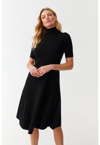 Must musträht dress kõrge kaelusega, liibuv kehake ja laienev seelik. Ühtlane kangas puhta disainiga, ilma nähtavate mustrite või aktsentideta.
