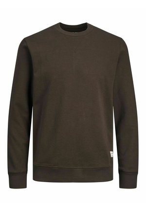 Dunkelbraunes Sweatshirt mit Rundhalsausschnitt, langen Ärmeln und gerippten Bündchen und Saum, mit einem kleinen weißen Etikett nahe dem unteren Rand.