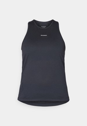 Tumehall hallitusseente sporditop, mis on valmistatud tekstuursetest kangast; omaduseks ümmargune kaelus ja bränd "SALOMON" trükituna valgena esiküljel.