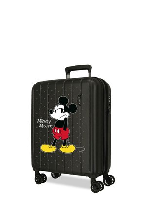 Maleta negra de carcasa dura con ruedas y asa, con un gráfico colorido de Mickey Mouse y el texto "Mickey Mouse" en el frente.