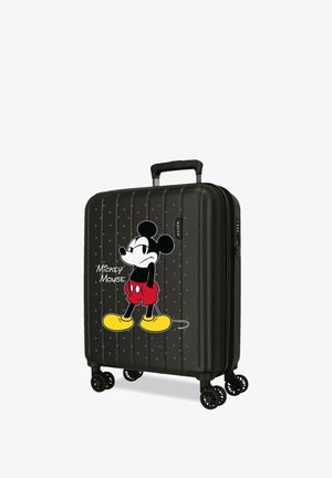 Maleta negra de carcasa dura con ruedas y asa, con un gráfico colorido de Mickey Mouse y el texto "Mickey Mouse" en el frente.