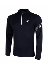 Marineblauw sportshirt met lange mouwen en een halve rits, voorzien van een wit logo op de borst en een gestippeld patroon op de rechtermouw. Glad textuur van de stof.