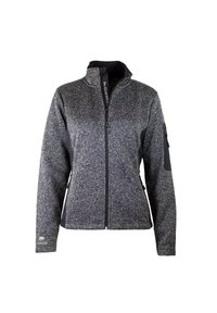 Fleece-Jacke in Dunkelgrau mit Reißverschluss vorne, Stehkragen und schwarzen Seitenteilen. Sie verfügt über eine Tasche am linken Ärmel. Weicher Textil. 