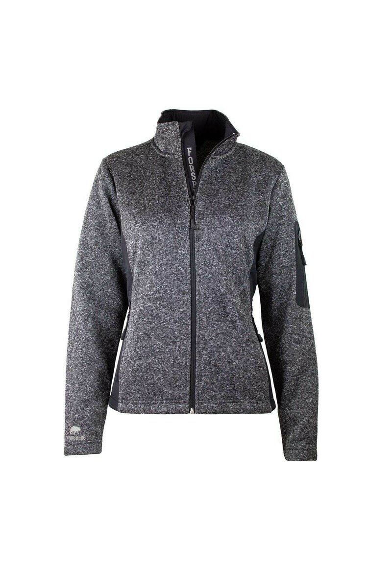 Fleece-Jacke in Dunkelgrau mit Reißverschluss vorne, Stehkragen und schwarzen Seitenteilen. Sie verfügt über eine Tasche am linken Ärmel. Weicher Textil. 