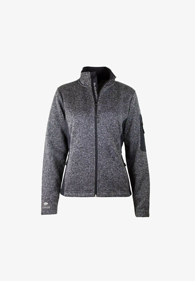 Fleece-Jacke in Dunkelgrau mit Reißverschluss vorne, Stehkragen und schwarzen Seitenteilen. Sie verfügt über eine Tasche am linken Ärmel. Weicher Textil.