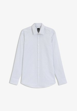 Witte langwerpige blouse met een patroon van kleine marineblauwe vormen. Met button-down kraag en een regular-fit snit met omslagmouwen.