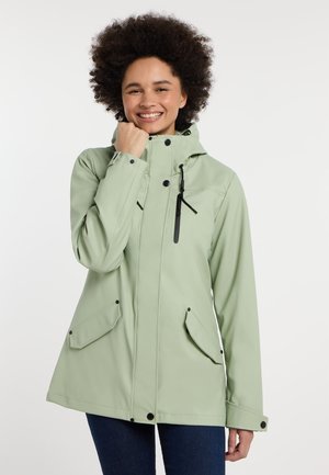 Light green waterproof jacket with a hood, adjustable drawstrings, and zippered front pockets, featuring black accents and buttons.