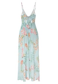 Kukallinen maksimekko vaaleansinisestä kankaasta, jossa on nauhat edessä, ohuet säädettävät hihnat ja värikkäitä kukkakuoseja kauttaaltaan.