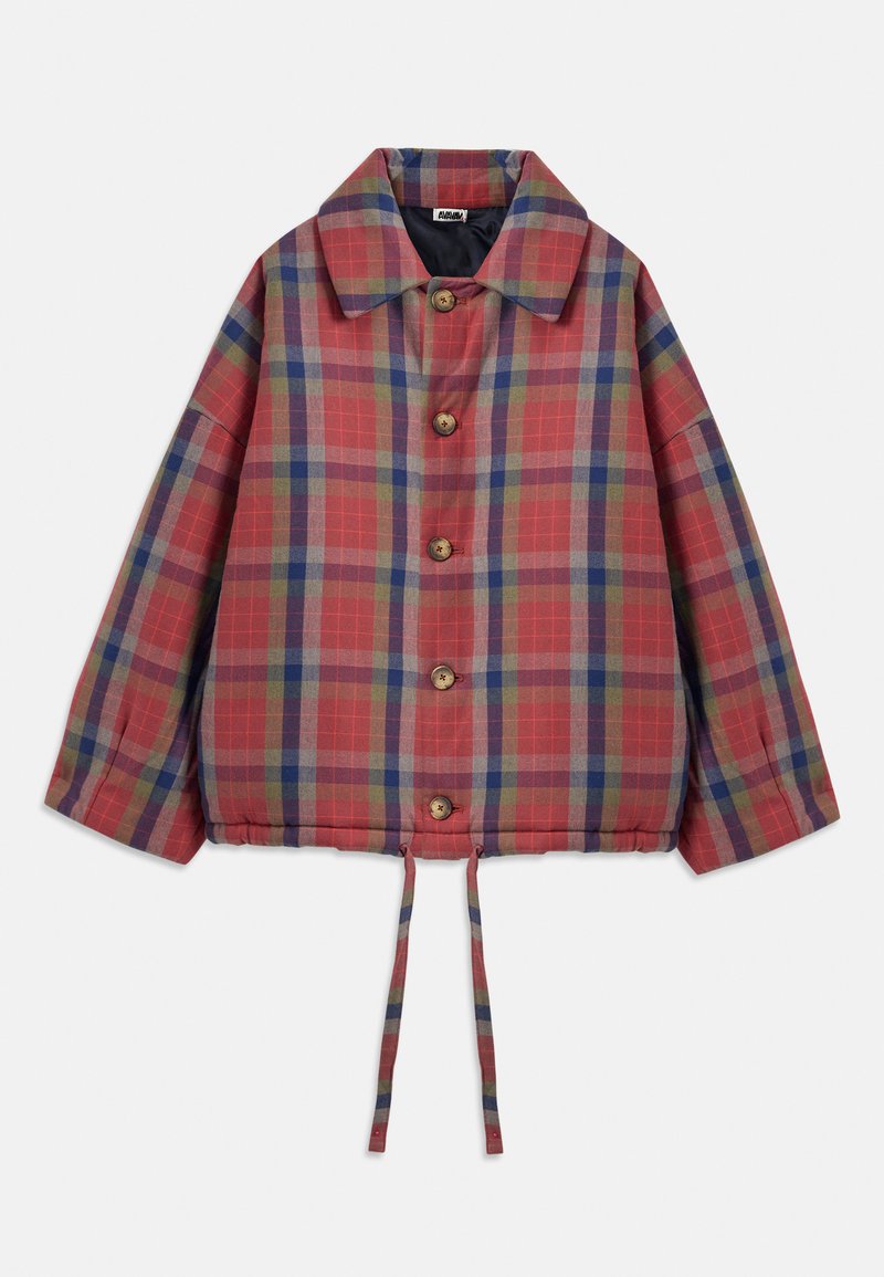 Red and blue plaid jacket with a collared neck, wooden buttons, wide sleeves, and a cinched bottom with ties.