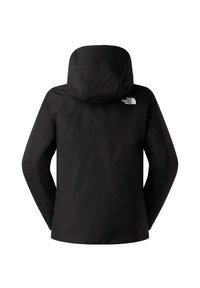 Μαύρο αδιάβροχο μπουφάν με κουκούλα, με λείο ύφασμα και λογότυπο στο πάνω μέρος της πλάτης. Απλός σχεδιασμός με μακριά μανίκια.