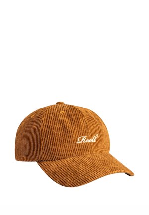 Brown corduroy baseball cap with a curved brim and white embroidered "Reell" text on the front panel.