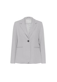 Blazer gris clair en tissu lisse avec revers crantés, fermeture simple bouton et deux poches avant pour une coupe structurée.