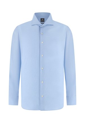 Hellblaues Herrenhemd mit langen Ärmeln, Knopfleiste vorne, einem Kentkragen und sichtbaren weißen Knöpfen vorne.