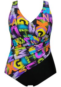Maillot de bain une pièce avec un design graphique multicolore et des lettres en gras, bas noir et décolleté en V. Fabriqué en tissu extensible.