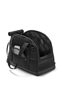 Trasportino morbido nero per animali con tasca in rete, coperta arrotolata fissata e apertura superiore con cerniera.