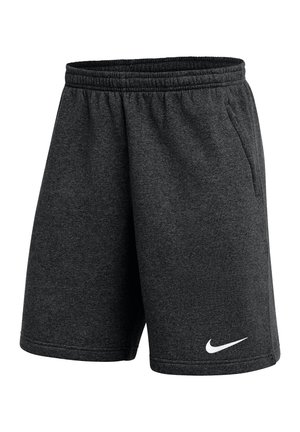 Ciemnoszare sportowe szorty z elastycznym pasem, bocznymi kieszeniami oraz białym logo Nike w kształcie znaku Swoosh na lewej nogawce.