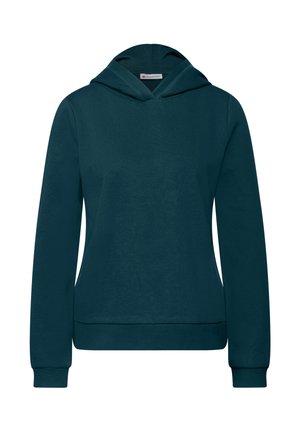 Mørk teal hættetrøje med frontlomme i kangaroo-stil, ribbede manchetter og glat tekstur, designet til komfort og varme.