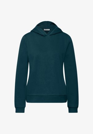 Sudadera con capucha de color verde azulado oscuro, con un bolsillo tipo canguro en la parte frontal, puños acanalados y una textura suave, diseñada para la comodidad y el calor.