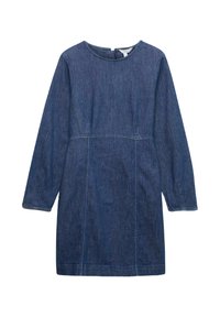 Jeansklänning med långa ärmar, rund halsringning och sömsdetaljer. Middellängd, i en enfärgad mörkblå färg med en slät textur.