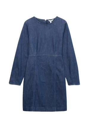 Džínové šaty s dlouhými rukávy, kulatým výstřihem a detaily švů. Střední délka, v jednolité tmavě modré barvě s hladkou texturou.