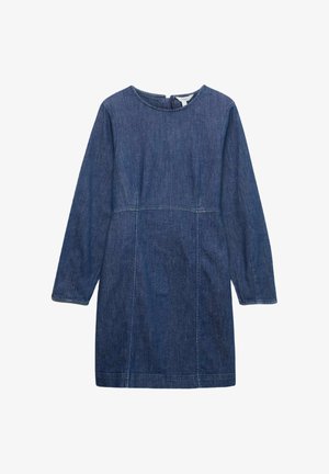 Denimkjole med lange ærmer, rund halsudskæring og stikninger. Mellemlang, i en ensfarvet mørkeblå farve med en glat overflade.