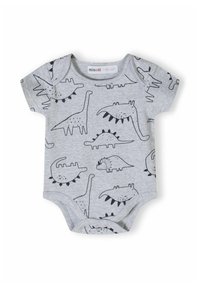 Sivi pamučni bodi s crnim ilustracijama dinosaura. Kratki rukavi, kopčanje na dnu, mekani materijal, ležeran dizajn.