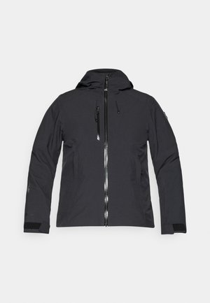 Black waterproof jacket with a zip front, adjustable hood, and two zippered pockets. Features elastic cuffs and a subtle logo detail.