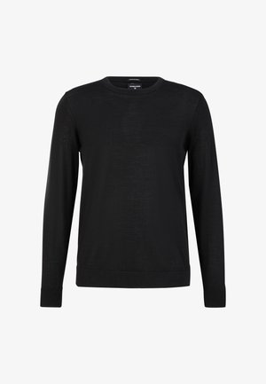 Schwarzer Langarm-Pullover mit Rundhalsausschnitt aus weichem Stoff. Mit gerippten Bündchen und Saum, einer glatten Textur und minimalistischem Design.