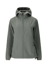 Kurtka typu softshell w stonowanej zieleni, z wysokim kołnierzem, regulowanym kapturem, zamek z przodu i bocznymi kieszeniami. Gładki, elastyczny materiał.