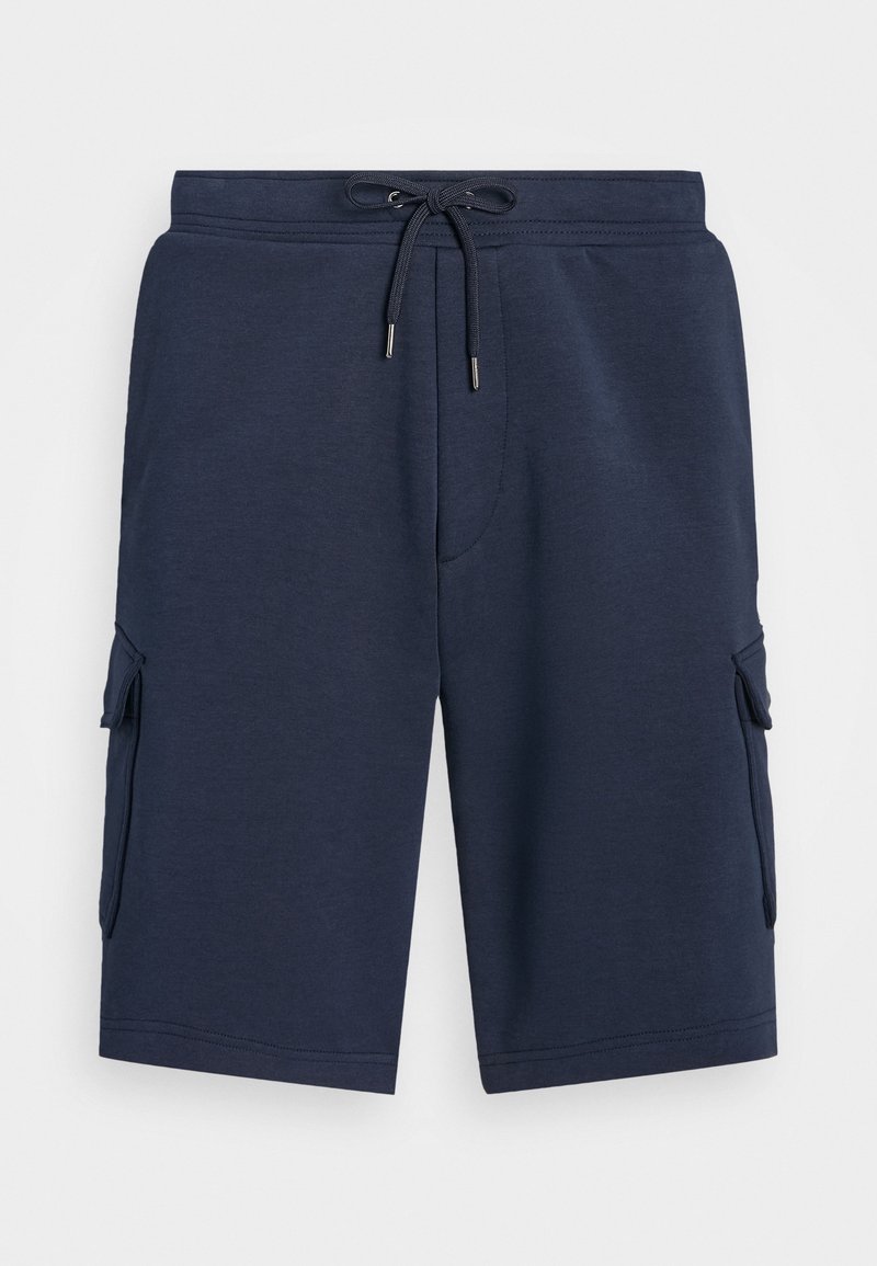 Short cargo bleu marine longueur genou avec taille élastique, cordon de serrage et poches à rabat de chaque côté.
