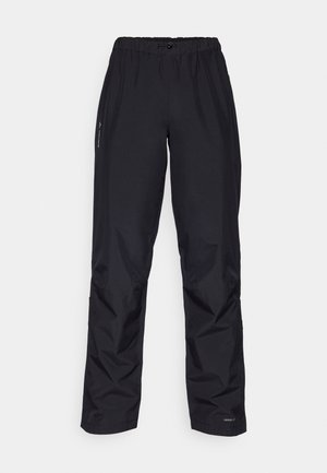 Black waterproof pants made from smooth synthetic fabric. Features an elastic waistband and side pockets, with light branding on the sides.