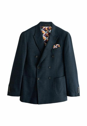 Navy blue double-breasted blazer with textured fabric, notched lapels, two front pockets, and a colorful patterned lining.