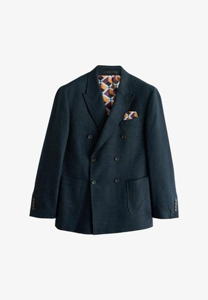 Marineblaues, zweireihiges Blazer aus strukturiertem Stoff mit Reverskragen, zwei Vordertaschen und einer bunten gemusterten Fütterung.
