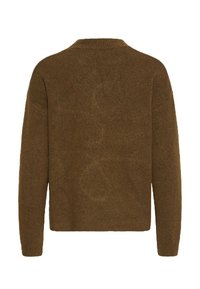 Maglione lavorato a maglia marrone con scollo rotondo e maniche lunghe, dal taglio rilassato. Texture morbida e dettaglio a costine sull'orlo.