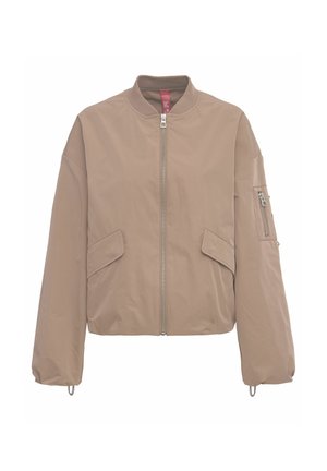 Beige bomber jacket with front zipper, two front flap pockets, zippered pocket on left sleeve, and ribbed collar and cuffs.