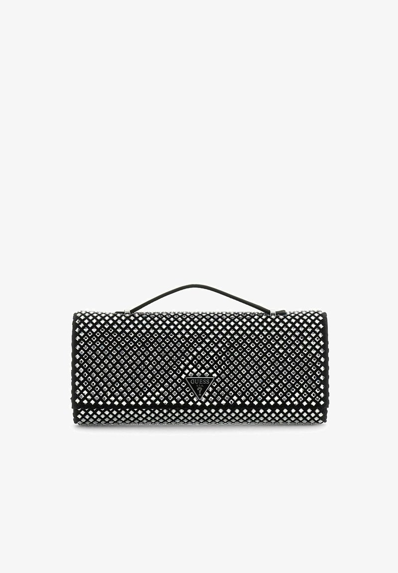 Pochette rectangulaire noire avec une petite poignée, recouverte d'une grille de cristaux scintillants et un logo triangulaire Guess sur le devant.