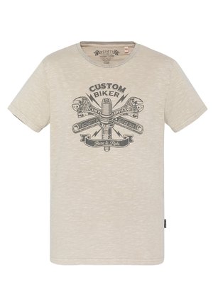 Lichtbeige t-shirt van zachte stof, voorzien van een vintage grafisch ontwerp met gereedschap en de tekst "CUSTOM BIKER" in donkere print in het midden.