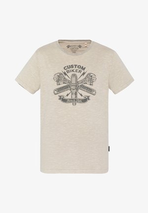 Maglietta beige chiaro in tessuto morbido, con un disegno grafico vintage di attrezzi e la scritta "CUSTOM BIKER" in stampa scura al centro.