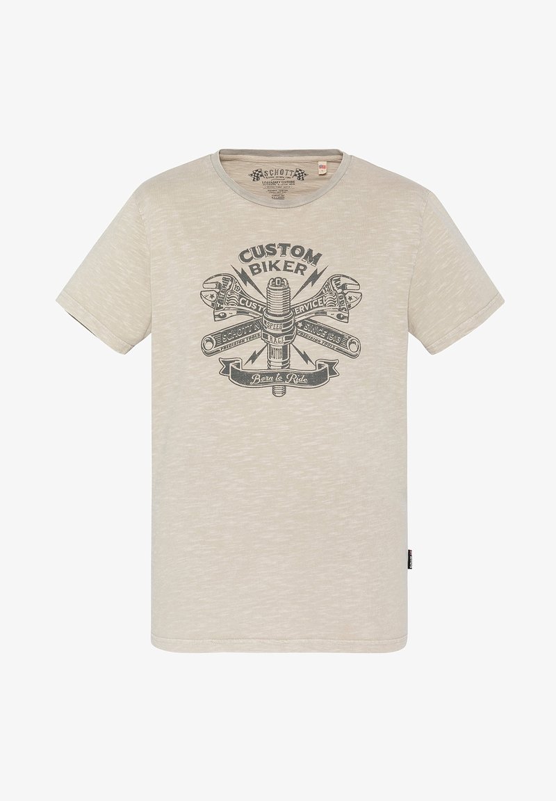 T-shirt beige clair en tissu doux, avec un motif graphique vintage représentant des outils et le texte "CUSTOM BIKER" en impression foncée au centre.
