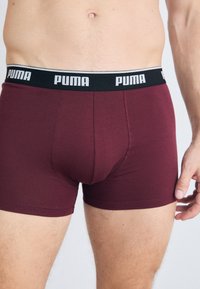 Boxeri scurți maronii dintr-un material moale și elastic. Au o talie neagră cu logo-ul alb "PUMA", un fit strâns și o textură netedă.