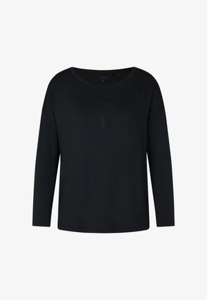 Czarna koszula z długim rękawem i szerokim dekoltem, z subtelnym wzorem liści wykonanym z małych ćwieków na przodzie. Miękka tekstura materiału.