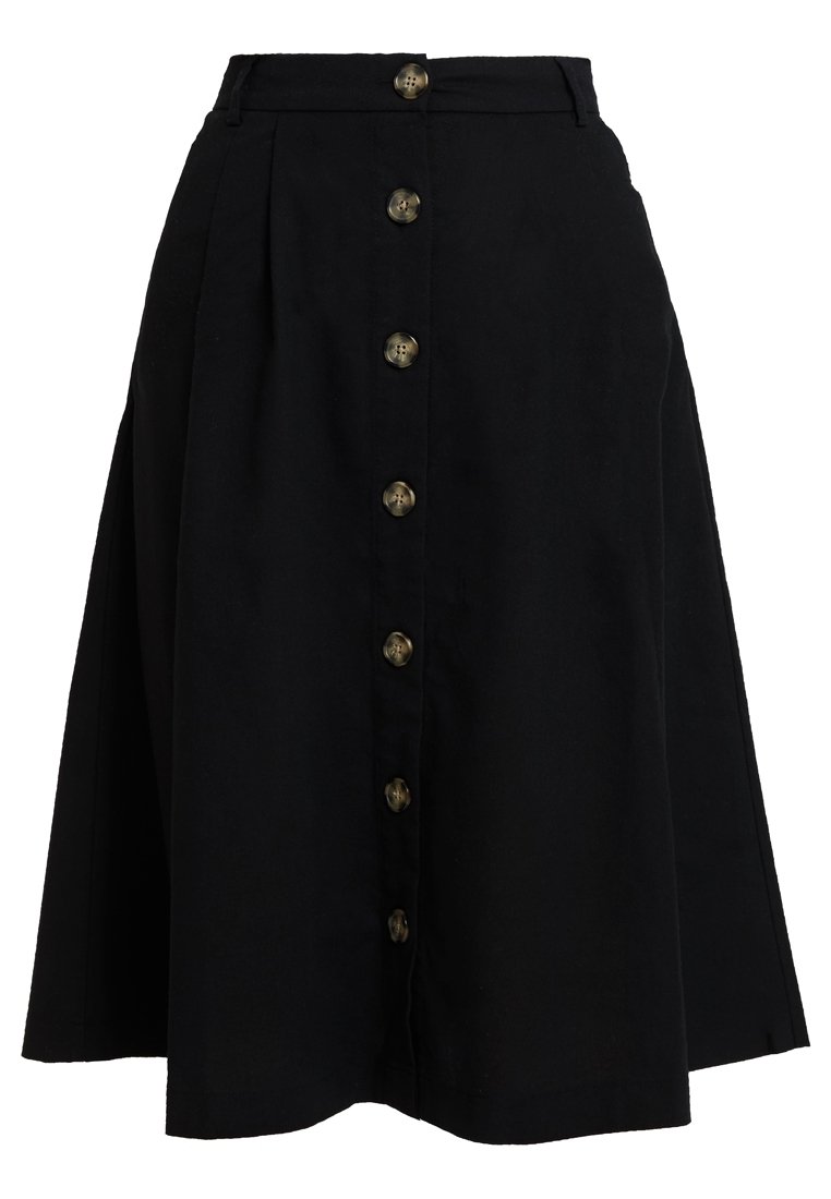 Jupe noire taille haute en ligne A avec une rangée verticale frontale de huit boutons en écaille de tortue, dotée d'une ceinture cintrée et de plis subtils.