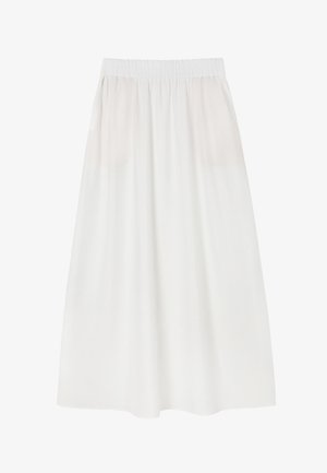 Valge midi seelik elastse vöökoha ja küljetaskutega, sujuva tekstuuri ja voolava disainiga.