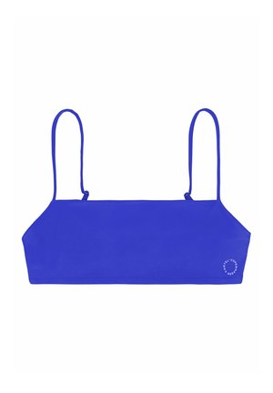 Top de bikini albastru cu bretele subțiri ajustabile, formă rectangulară, textură netedă și logo-ul mărcii accentuat în colțul din dreapta jos.